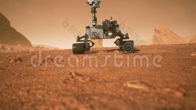 红色星球上的一辆<strong>路虎</strong>。 高度详细的3D动画好奇号火星漫游者。